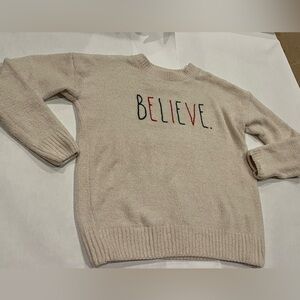 Rae Dunn Believe Cream Christmas Sweater Holiday Red and Green